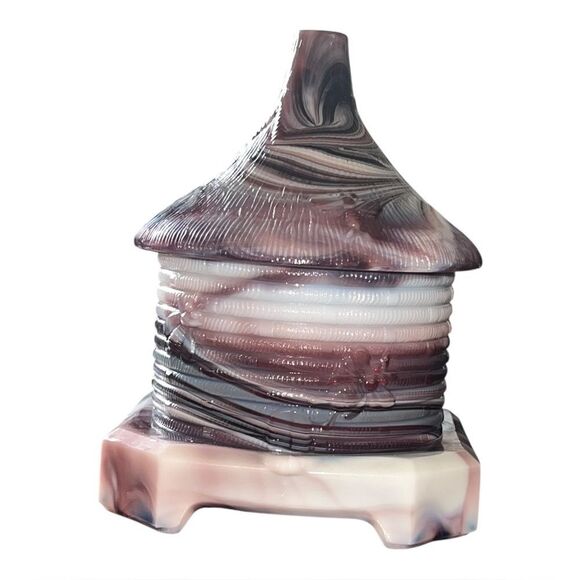 Vintage Purple Slag Malachite Glass Honey Pot w/ Lid Bee Pattern EUC - Picture 1 of 10